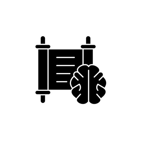 Philosophy black glyph icon. Brain against background of ancient manuscript. Philosophy education. Study of fundamental questions. Silhouette symbol on white space. Vector isolated illustration