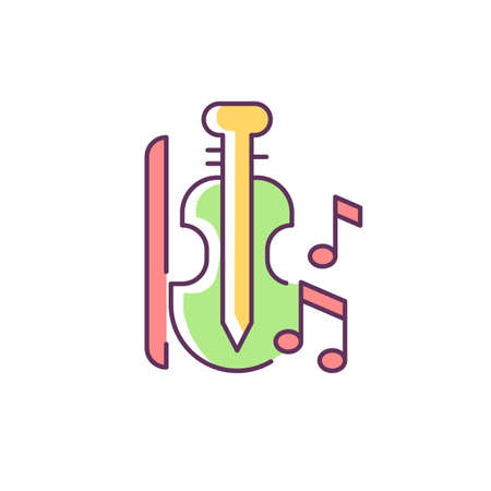 Music RGB color icon. Playing musical instruments in educational institutions. Violin, bow, notes. Music lessons in school. Isolated vector illustration. Simple filled line drawingのイラスト素材