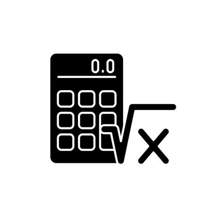 Algebra black glyph icon. Calculator, radical symbol. Mathematical calculations. Solving equation. Algebra classes in school. Silhouette symbol on white space. Vector isolated illustrationのイラスト素材