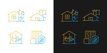 Home construction safety gradient icons set for dark and light mode. Minimum chimney height. Thin line contour symbols bundle. Isolated vector outline illustrations collection on black and whiteのイラスト素材