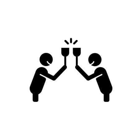 Clink glasses black glyph icon. Two people clinking glasses with smiles. Celebration party, joyful event. Toast proposing. Silhouette symbol on white space. Vector isolated illustrationのイラスト素材