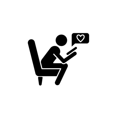 Check social network black glyph icon. Man sitting in armchair. Person checking messages. Chat conversation on social media platforms. Silhouette symbol on white space. Vector isolated illustrationのイラスト素材