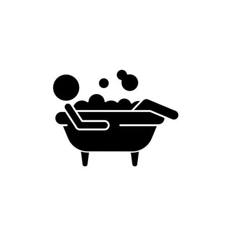 Bathe black glyph icon. Man lying in bubble bath. Personal hygiene activities. Day-to-day human routine. Maintain cleanliness of body. Silhouette symbol on white space. Vector isolated illustrationのイラスト素材