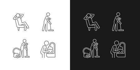 Household chores linear icons set for dark and light mode. Housekeeping process. Cleaning procedures. Customizable thin line symbols. Isolated vector outline illustrations. Editable strokeのイラスト素材
