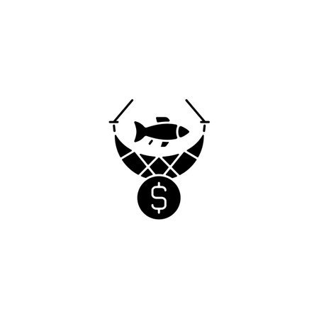 Commercial fishing black glyph icon. Catching seafood for trade. Aquaculture harvest. Fishing industry and business. Commercial fishery. Silhouette symbol on white space. Vector isolated illustrationのイラスト素材