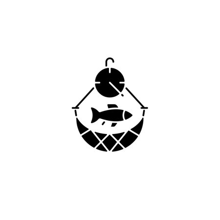 Overfishing black glyph icon. Depletion of species. Excessive amount of seafood harvest. Ecosystem exhaustion. Commercial fishery. Silhouette symbol on white space. Vector isolated illustrationのイラスト素材