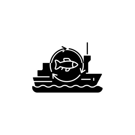Fish processing vessel black glyph icon. Large factory ship. Equipped fishery trawler. Commercial fishery. Fish freezing, sterilization. Silhouette symbol on white space. Vector isolated illustrationのイラスト素材