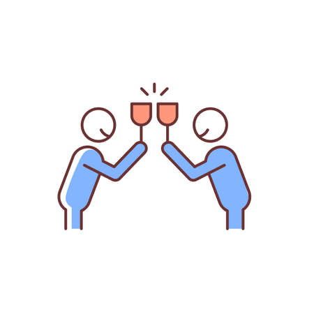 Clink glasses RGB color icon. Two people clinking glasses with smiles. Celebration party, joyful event, holiday. Toast proposing. Isolated vector illustration. Simple filled line drawingのイラスト素材