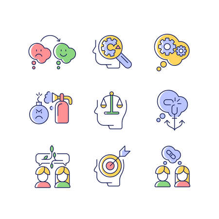Critical mindset and attitude RGB color icons set. Rationality, critical thinking. Emotional intelligence. Understand weak areas. Isolated vector illustrations. Simple filled line drawings collectionのイラスト素材