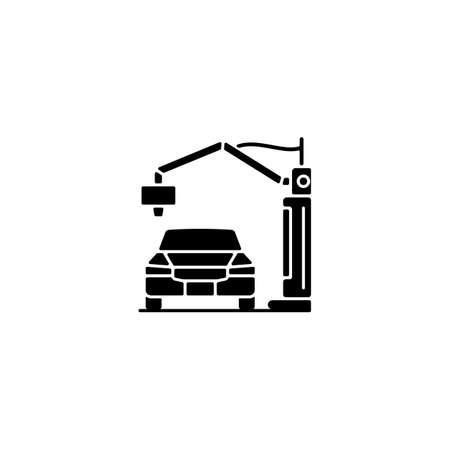 3d printed automobile black glyph icon. Innovative automotive project. Printing car prototype. Vehicle production. Sustainable future. Silhouette symbol on white space. Vector isolated illustrationのイラスト素材