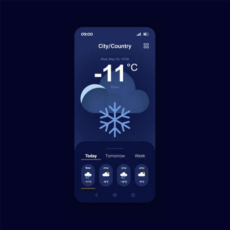 Winter weather forecast night mode smartphone interface vector template. Cloudy and snowy night. Mobile app page design layout. Meteorology screen. Flat UI for application. Phone displayのイラスト素材