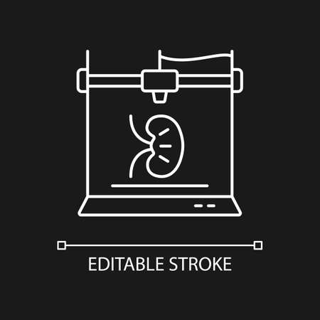 3d printed kidney white linear icon for dark theme. Transplantable artificial kidney. Thin line customizable illustration. Isolated vector contour symbol for night mode. Editable strokeのイラスト素材