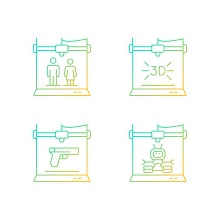 Produce 3d models gradient linear vector icons set. Three dimensional object fabrication. Weapon manufacture. Thin line contour symbols bundle. Isolated outline illustrations collectionのイラスト素材