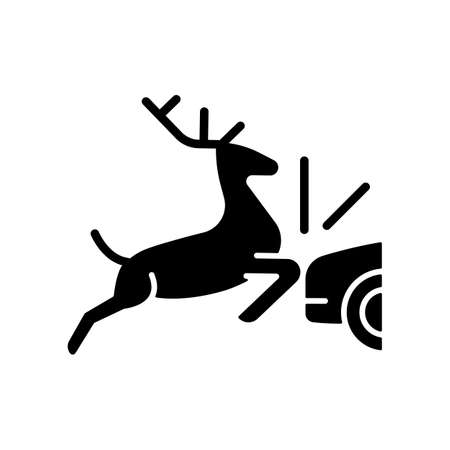 Collision with animals black glyph icon. Colliding with wildlife and livestock in roadway. Situation with animals near highways. Silhouette symbol on white space. Vector isolated illustrationのイラスト素材