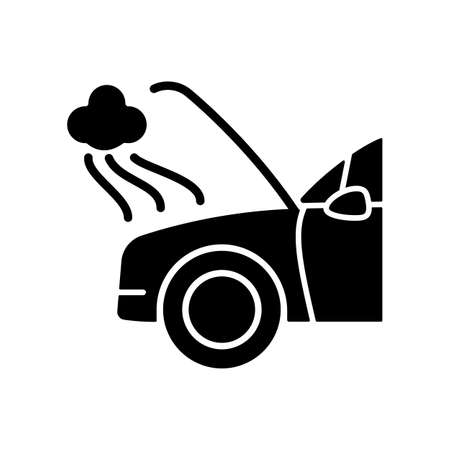 Car engine damage black glyph icon. Front end collision. Mechanical breakdown. Vehicle body, frame damage. Broken transmission. Silhouette symbol on white space. Vector isolated illustrationのイラスト素材