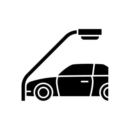 Single-vehicle collision black glyph icon. Colliding with lamppost. Head-on crash. Blameless accident. Run-off-road collision. Silhouette symbol on white space. Vector isolated illustrationのイラスト素材