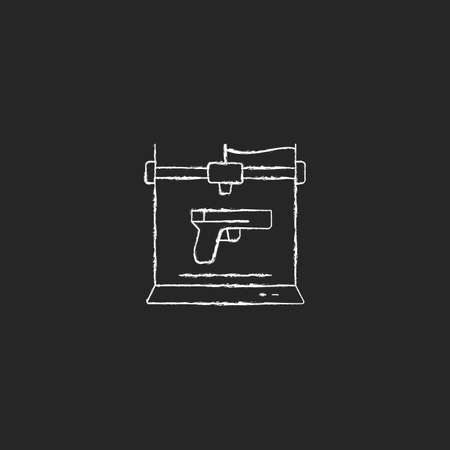 3d firearms printing chalk white icon on dark background. 3d gun fabrication. Weapon manufacture. Military application. Additive manufacturing. Isolated vector chalkboard illustration on blackのイラスト素材