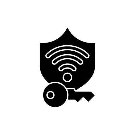 Protected wifi password black glyph icon. Internet safety. Private network. Wireless connection. Online privacy. Password management. Silhouette symbol on white space. Vector isolated illustrationのイラスト素材