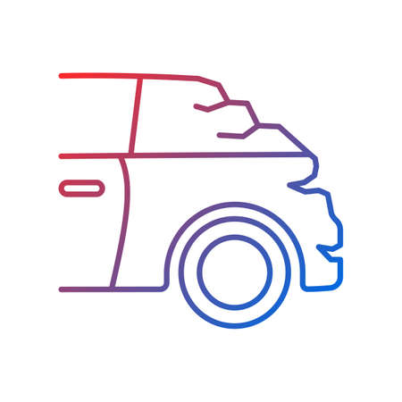 Broken boot gradient linear vector icon. Bumping vehicle from behind. Rear-end collision. Trunk malfunction. Thin line color symbol. Modern style pictogram. Vector isolated outline drawingのイラスト素材