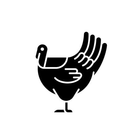 Male turkey black glyph icon. Commercial poultry farming for food. Domestic bird growing for meat. Thanksgiving dinner with turkey. Silhouette symbol on white space. Vector isolated illustrationのイラスト素材