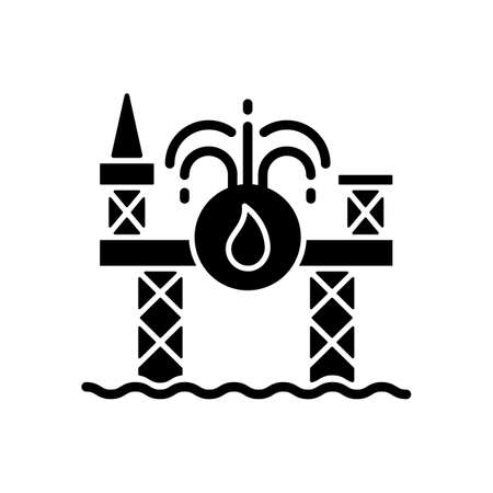 Offshore drilling black glyph icon. Deep-water energy project. Singaporean shipyard. Offshore supply vessel. Energy industry. Silhouette symbol on white space. Vector isolated illustrationのイラスト素材