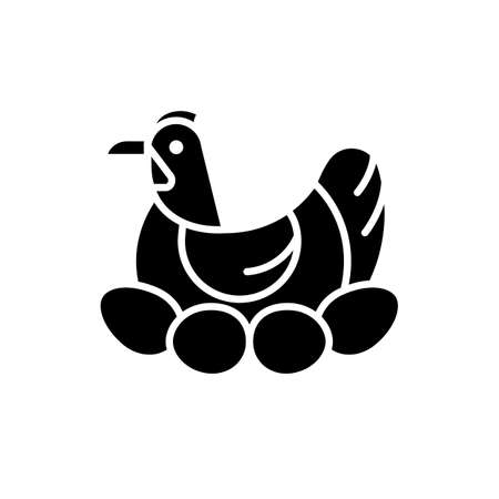 Brood hen black glyph icon. Bird sitting on egg clutch to incubate chicks. Nesting fowl. Brooding chicken. Poultry selection and farming. Silhouette symbol on white space. Vector isolated illustrationのイラスト素材
