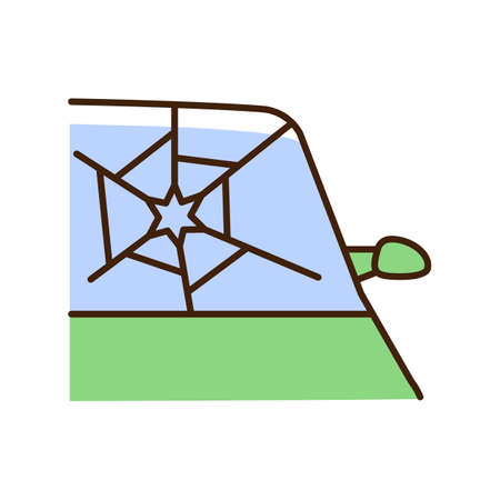Broken car glass RGB color icon. Windscreen damage. Shattering windshield in accident. Broken vehicle windows and mirrors. Cracked windshield. Isolated vector illustration. Simple filled line drawingのイラスト素材
