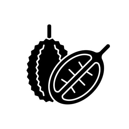 Durian black glyph icon. Bittersweet fruit in Singapore. Fruit with strong fragrance. Mao Shan Wang. Rich source of nutrients. Silhouette symbol on white space. Vector isolated illustrationのイラスト素材