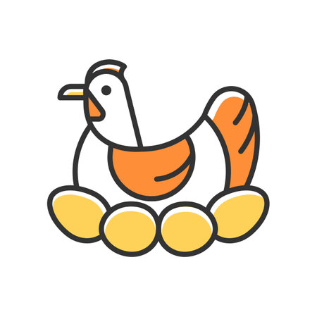 Brood hen RGB color icon. Bird sitting on egg clutch to incubate chicks. Nesting fowl. Brooding chicken. Poultry selection and farming. Isolated vector illustration. Simple filled line drawingのイラスト素材