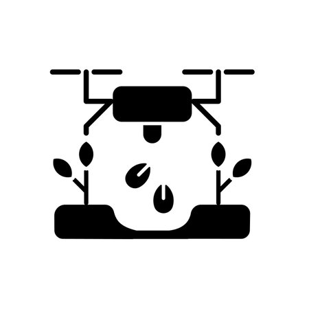 Drones for planting black glyph icon. Revolutionized agriculture. Innovative planting method. Monitoring crop health. Spraying drone. Silhouette symbol on white space. Vector isolated illustrationのイラスト素材