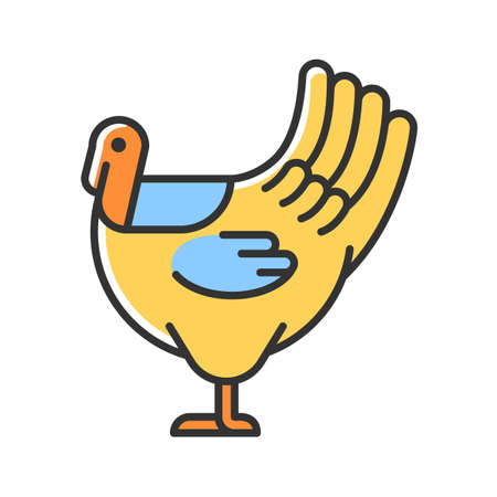 Male turkey RGB color icon. Commercial poultry farming for food. Domestic bird growing for meat. Thanksgiving dinner with turkey. Isolated vector illustration. Simple filled line drawingのイラスト素材