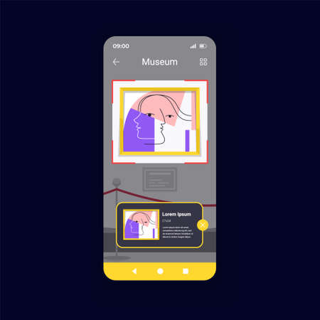 Museum dark smartphone interface vector template. Mobile app page design layout. Interactive guide. Visit exhibition from phone. Online gallery tour screen. Flat UI for application. Phone displayのイラスト素材