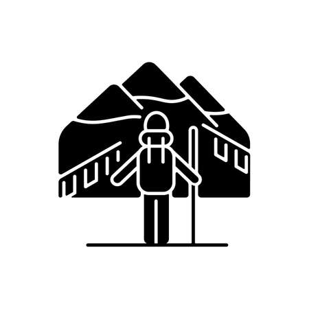 Trekking in Nepal black glyph icon. Mountaineering destination. Hiking through Himalayas. Climbing seasons. Travel experience. Silhouette symbol on white space. Vector isolated illustrationのイラスト素材