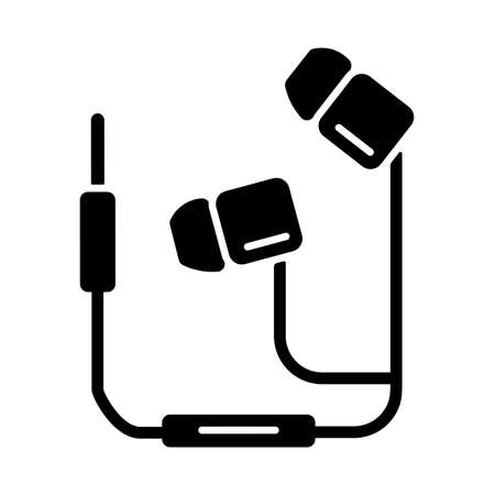 Wired earphones black glyph icon. Headphones with cable. Headset for listening music and calls. Device with silicone in ear cushions. Silhouette symbol on white space. Vector isolated illustrationのイラスト素材
