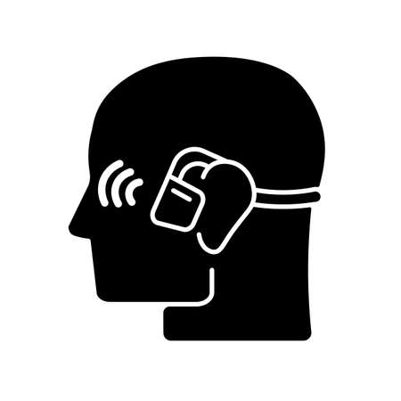 Open ear wireless headphones black glyph icon. Bone conduction earphones. Headset for sport and active lifestyle. Wireless connection. Silhouette symbol on white space. Vector isolated illustrationのイラスト素材