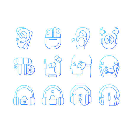 Different types of headphones gradient linear vector icons set. In ear earpieces. Earphones for listening music and calls. Thin line contour symbols bundle. Isolated outline illustrations collectionのイラスト素材
