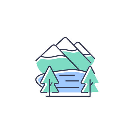 Shey-phoksundo national park RGB color icon. Deepest lake in Nepal. Trans-Himalayan region. Flora and fauna diversity. Alpine freshwater lake. Isolated vector illustration. Simple filled line drawingのイラスト素材