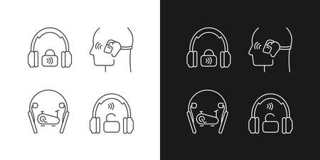 Wireless headphones linear icons set for dark and light mode. Professional on ear headset. Handsfree device. Customizable thin line symbols. Isolated vector outline illustrations. Editable strokeのイラスト素材