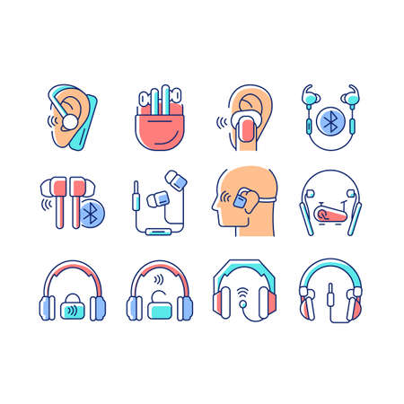Different types of headphones RGB color icons set. In ear earpieces. Over ear headset. Earphones for listening music and calls. Isolated vector illustrations. Simple filled line drawings collectionのイラスト素材