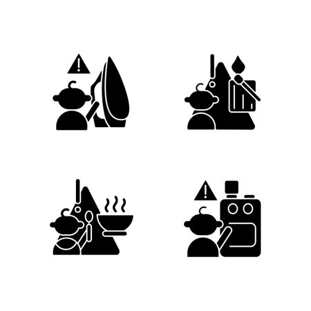 Skin burns danger black glyph icons set on white space. Child safety at home. Fire and injuries prevention. Matches usage restrictions. Silhouette symbols. Vector isolated illustrationのイラスト素材