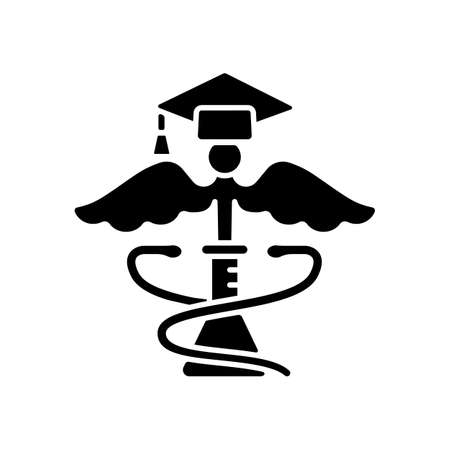 Medical school for research black glyph icon. Science and lab research. Advance human health. Contribute to world of medicine. Pharmacy. Silhouette symbol on white space. Vector isolated illustrationのイラスト素材