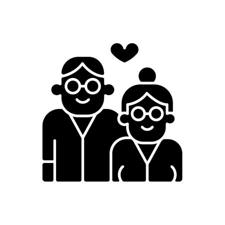 Elderly couple in love black glyph icon. Long term romantic relations. Everlasting love. Married for long time. Grow old with together. Silhouette symbol on white space. Vector isolated illustrationのイラスト素材