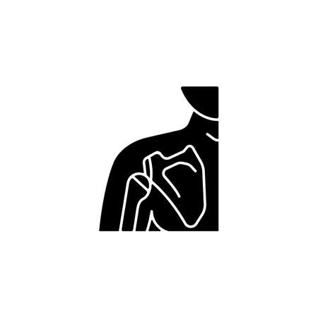 Joint dislocation black glyph icon. Dislocated shoulder. Muscles weakening. Sprain and fracture. Humerus trauma. Tear ligaments. Silhouette symbol on white space. Vector isolated illustrationのイラスト素材