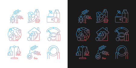 Hunger reasons gradient icons set for dark and light mode. Pests and harvest loss danger. Thin line contour symbols bundle. Isolated vector outline illustrations collection on black and whiteのイラスト素材