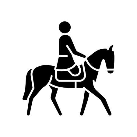 Equestrian black glyph icon. Horseback riding demonstrative event. Horse racing competition. Athletes with physical disability. Silhouette symbol on white space. Vector isolated illustrationのイラスト素材