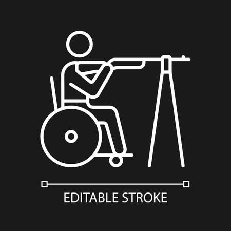 Wheelchair shooting white linear icon for dark theme. Target shooting. Sportsman with disability. Thin line customizable illustration. Isolated vector contour symbol for night mode. Editable strokeのイラスト素材