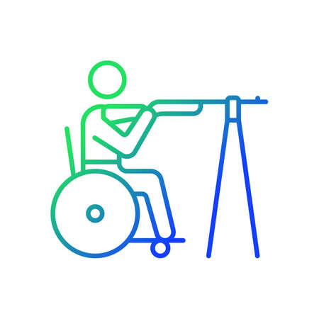 Wheelchair shooting gradient linear vector icon. Hitting targets from various distances. Sportsman with disability. Thin line color symbol. Modern style pictogram. Vector isolated outline drawingのイラスト素材