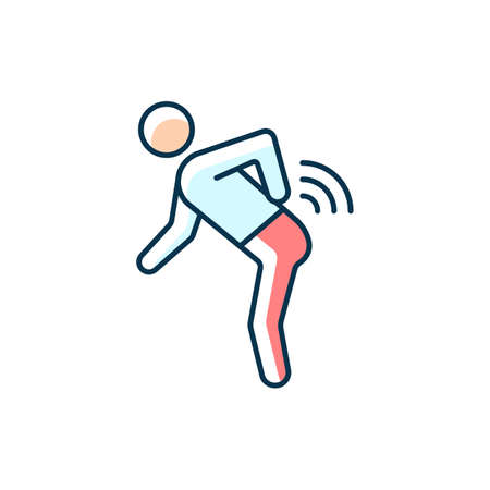 Back rheumatism RGB color icon. Inflammatory back pain. Limited movement. Flexibility loss in spine. Rheumatoid arthritis. Joint damage. Isolated vector illustration. Simple filled line drawingのイラスト素材