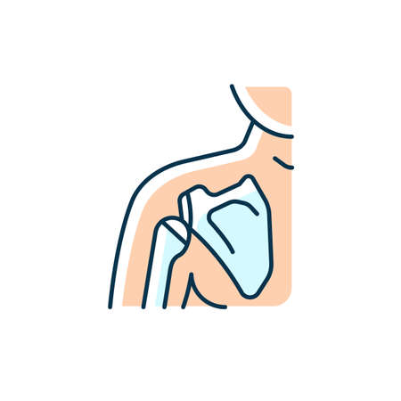 Joint dislocation RGB color icon. Dislocated shoulder. Muscles weakening. Sprain and fracture. Humerus trauma. Tear ligaments. Upper arm bone. Isolated vector illustration. Simple filled line drawingのイラスト素材