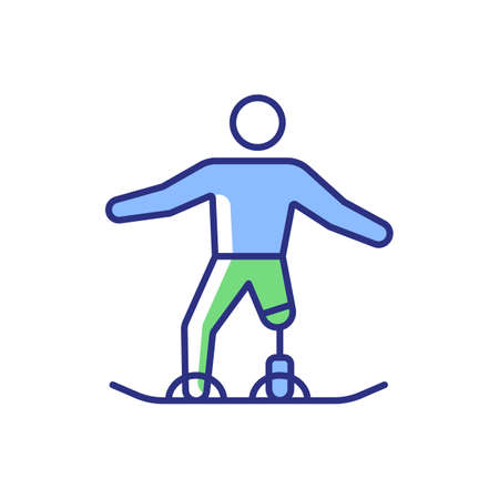 Snowboarding RGB color icon. Sportsman slide down from mountain. Winter sport discipline. Athlete with physical disability. Isolated vector illustration. Simple filled line drawingのイラスト素材